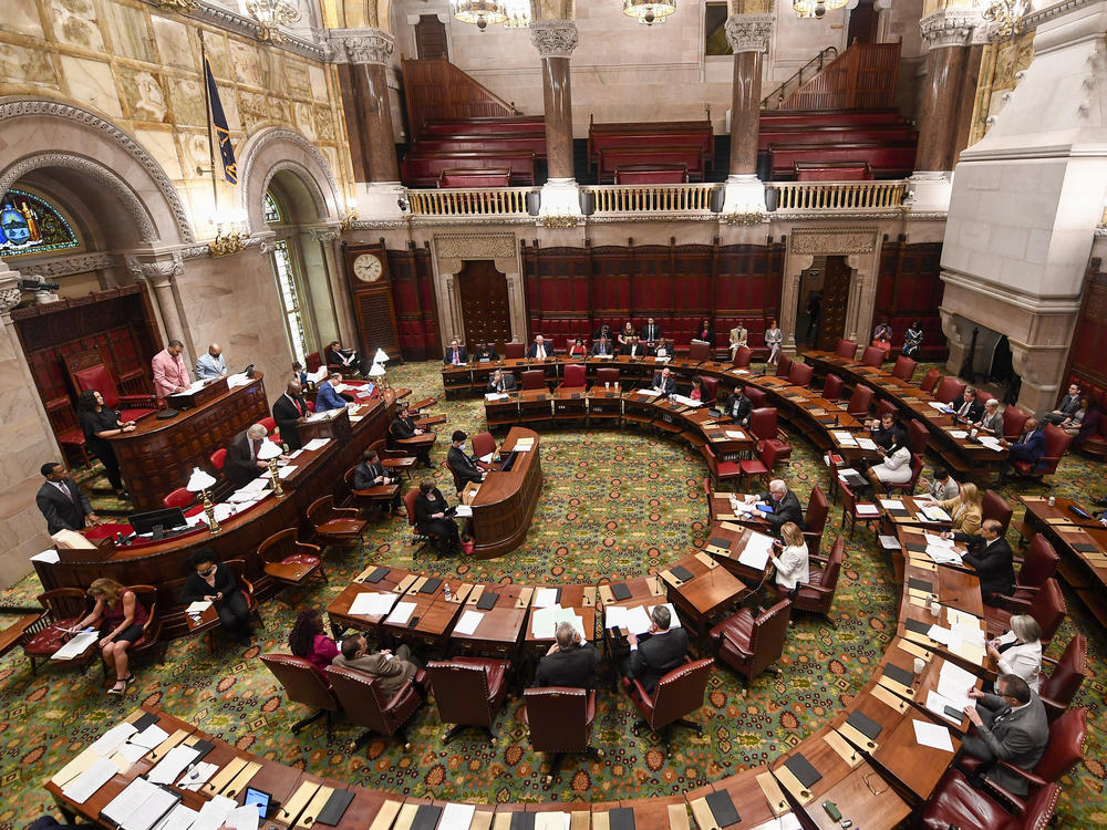 The New York Senate Chamber is pictured during a legislative session at the state Capitol on the last scheduled day of the 2022 legislative session, Thursday, June 2, 2022, in Albany, N.Y.