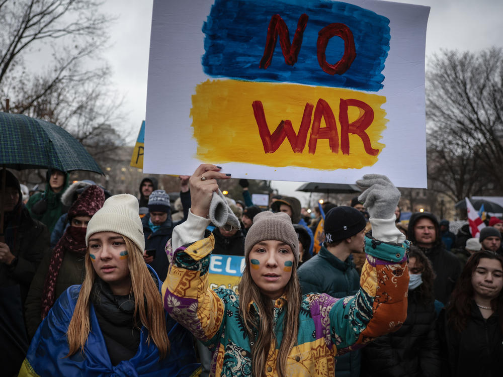Ukrainians living in the U.S. and anti-war demonstrators protest against Russia's invasion in Washington, D.C., on Feb. 24.