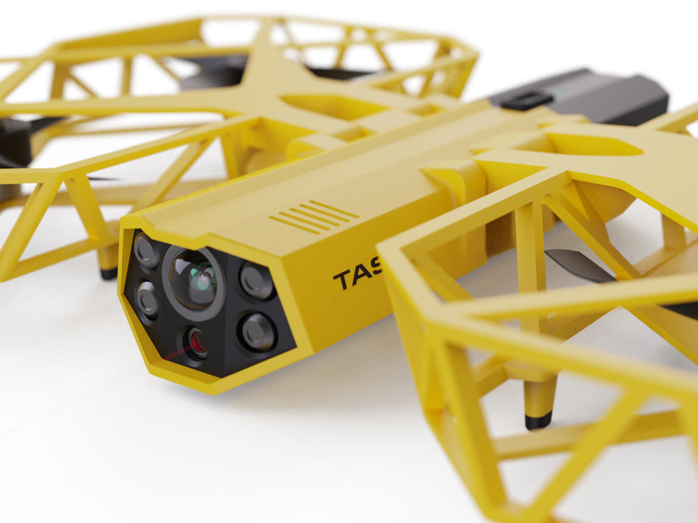 This photo provided by Axon Enterprise depicts a conceptual design through a computer-generated rendering of a taser drone.
