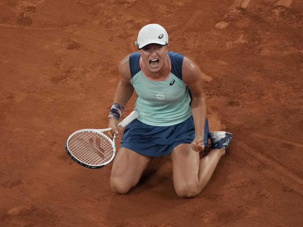 Poland's Iga Swiatek reacts as she defeats Coco Gauff of the U.S. during the women's final of the French Open in Paris on Saturday. Swiatek won 6-1, 6-3.