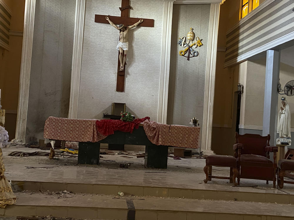 A view of the St. Francis Catholic Church in Owo, Nigeria, on Sunday. Lawmakers in southwestern Nigeria say more than 50 people are feared dead after gunmen opened fire and detonated explosives at a church.