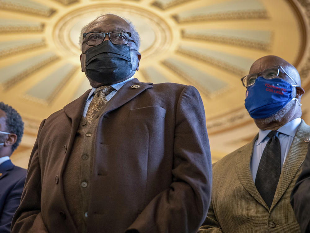 House Majority Whip Jim Clyburn, D-S.C., center, and Thompson, alongside other members of the Congressional Black Caucus, attend a news conference in front of the Senate chamber about their support of voting rights legislation at the Capitol in Washington on Jan. 19, 2022.