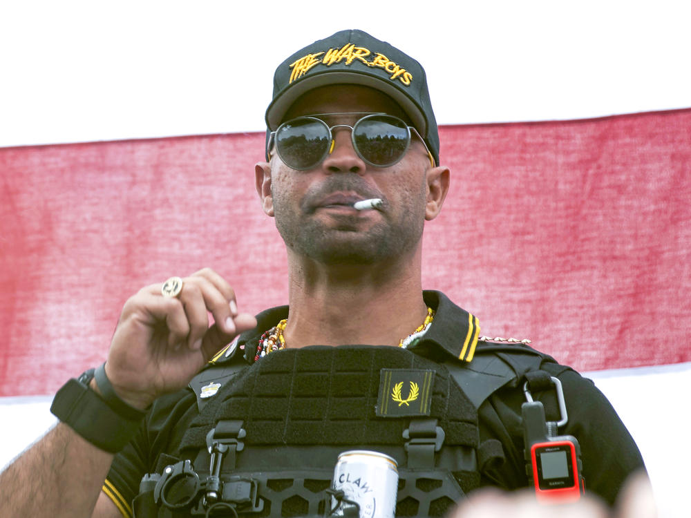 This week, a grand jury indicted Enrique Tarrio, the leader of the far-right Proud Boys group, for seditious conspiracy. Here, Tarrio attends a rally in Portland, Ore., on Sept. 26, 2020.