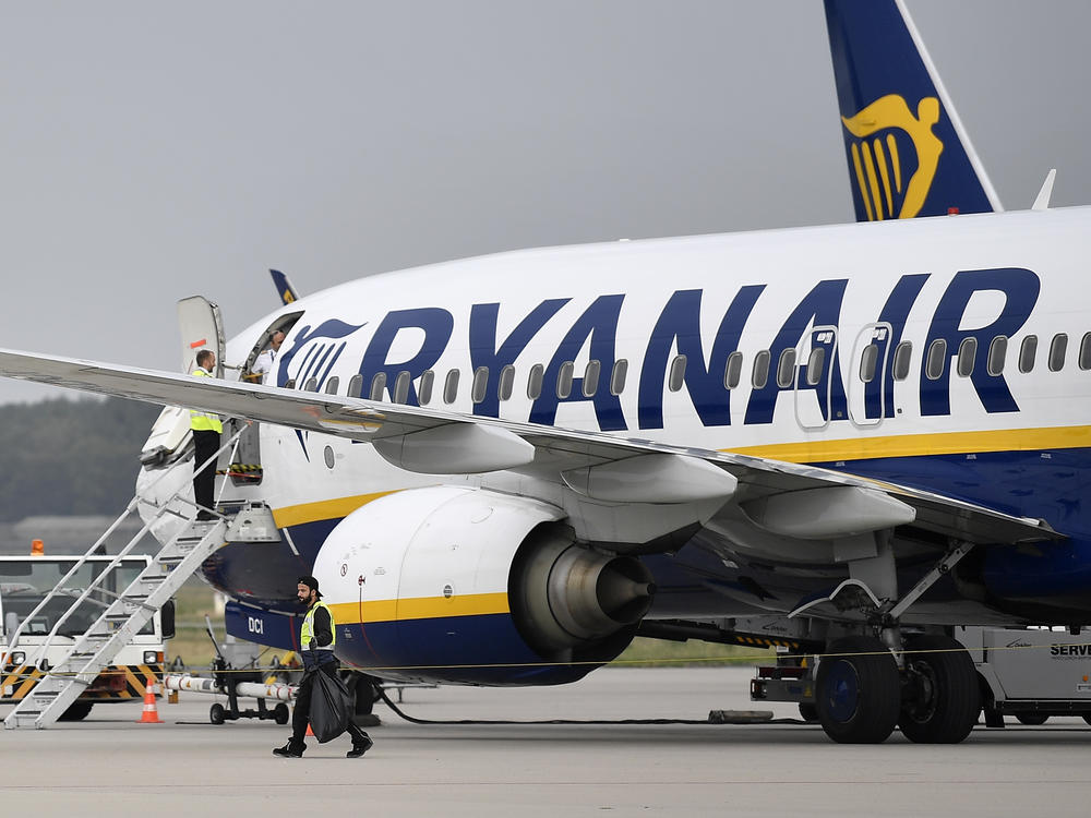 A Ryanair plane parks at the airport in Weeze, Germany, Sept. 12, 2018.