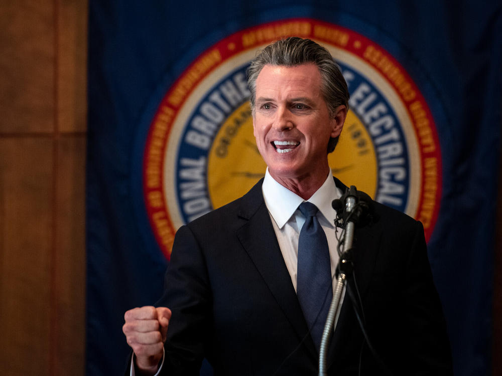 California Gov. Gavin Newsom stops at IBEW Local 6 union hall in San Francisco on Sept. 14, 2021, to speak with union workers and volunteers.