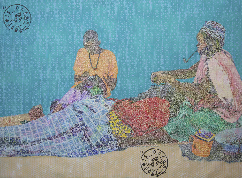 This painting by Alioune Diagne shows a hairdresser working on the street.