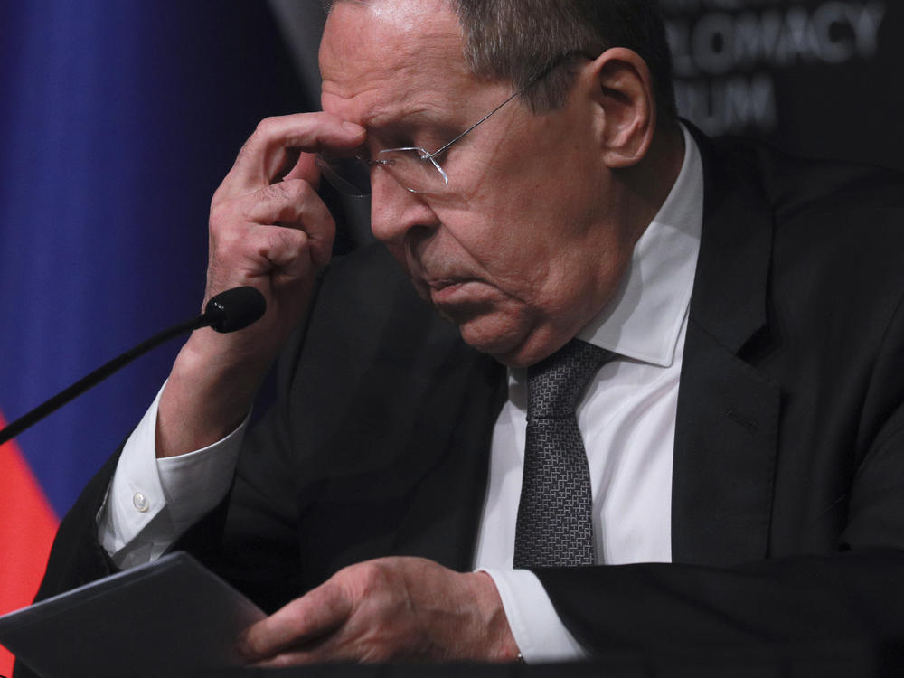 Russia's Foreign Minister Sergey Lavrov listens to questions during a news conference in Antalya, Turkey, in March 2022.