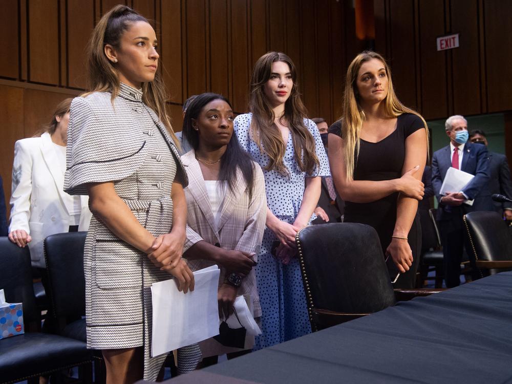 U.S. Olympic gymnasts Aly Raisman, Simone Biles, McKayla Maroney and gymnast Maggie Nichols appear at a Senate Judiciary hearing on September 15, 2021, regarding the Inspector General's report about the FBI's handling of abuse claims against former doctor Larry Nassar.