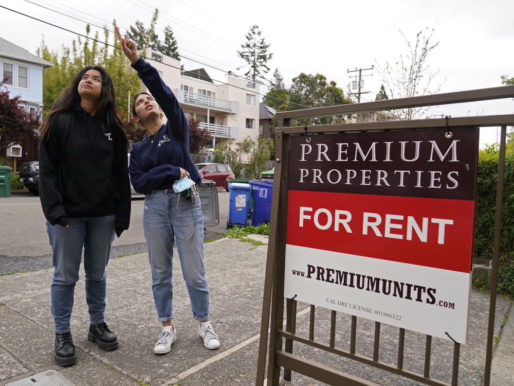 College students Sanaa Sodhi, right, and Cheryl Tugade look for apartments in Berkeley, Calif. in March of this year.