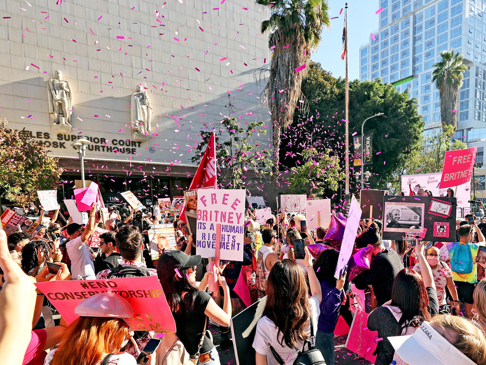 Confetti flies as protestors are seen at the #FreeBritney Termination Rally on November 12, 2021 in Los Angeles.