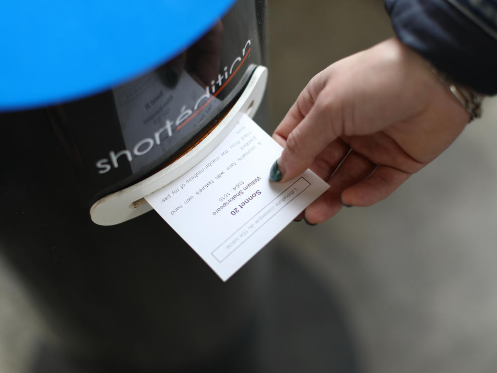 A kiosk distributes a William Shakespeare poem at a BART station in the San Francisco Bay Area.