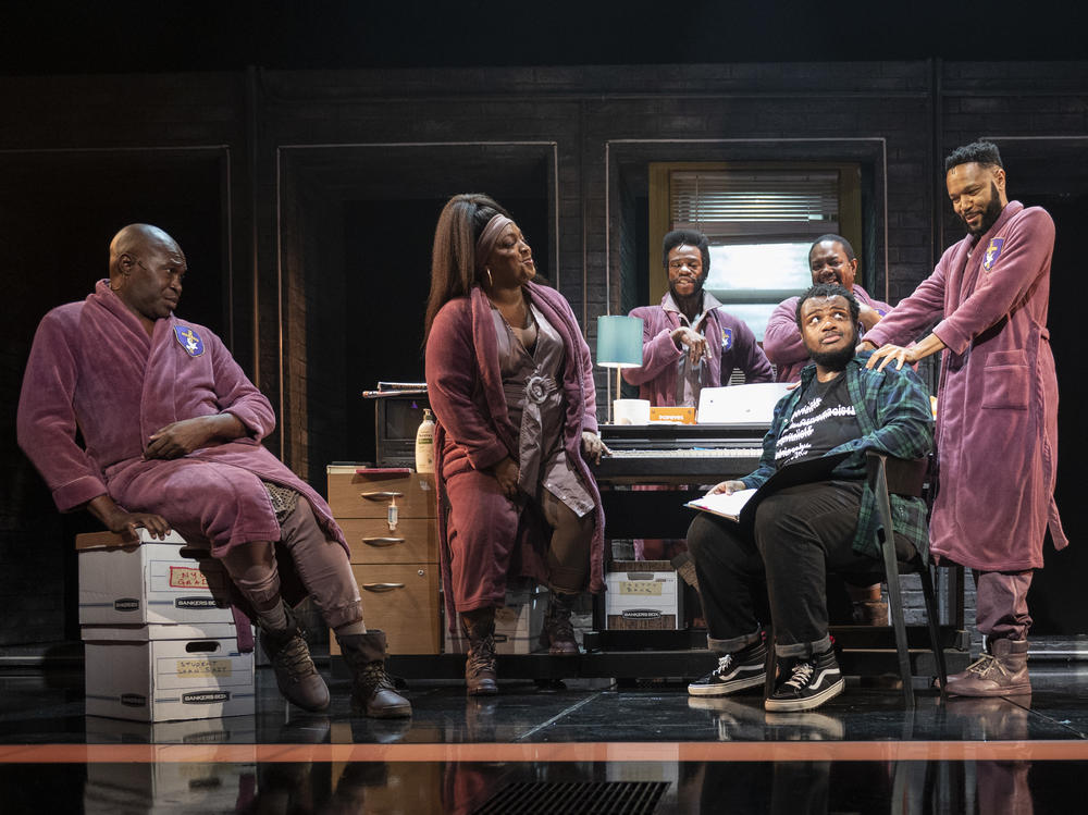 James Jackson, Jr., L. Morgan Lee, Antwayn Hopper, John-Andrew Morrison and Jason Veasey play the self-lacerating thoughts of Usher (Jaquel Spivey) in <em>A Strange Loop.</em>