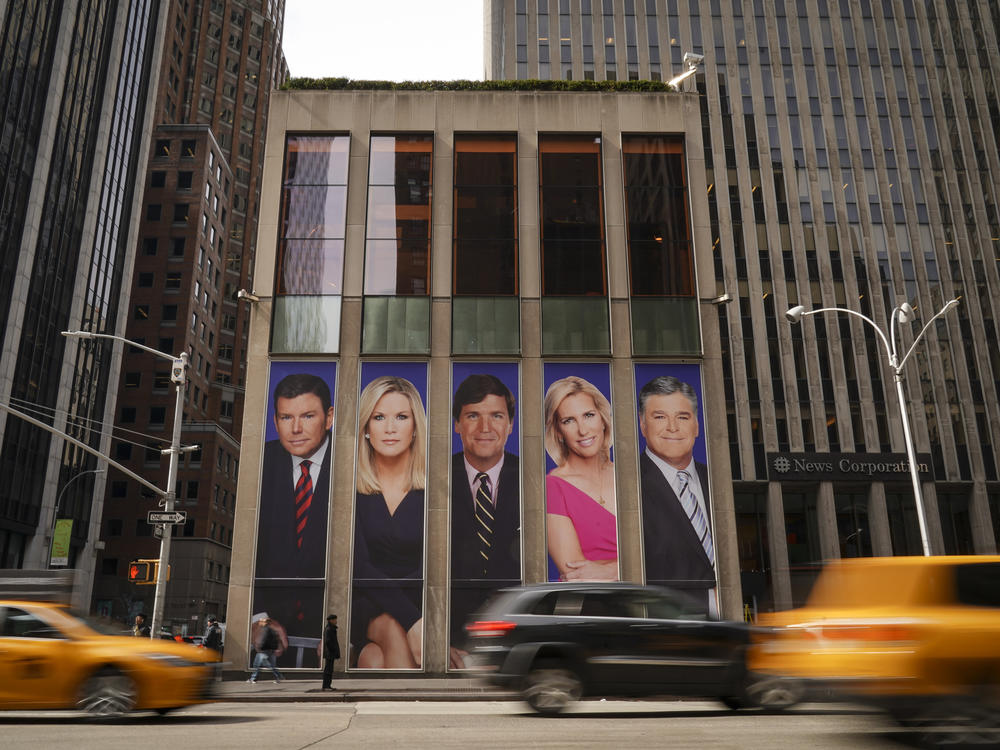 Fox News personalities adorn the front of the News Corporation building in 2019 in New York City.