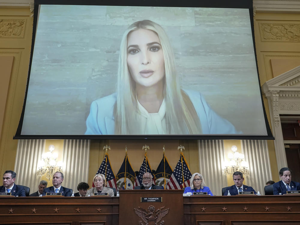 Ivanka Trump's testimony to the Jan. 6 committee is displayed on a screen during the committee's hearing on Thursday.