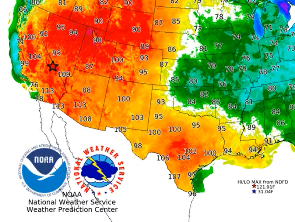 This weekend's heat wave will stretch from south Texas to California, where temperatures will climb as high as 115 degrees. This map is for Saturday's forecast.