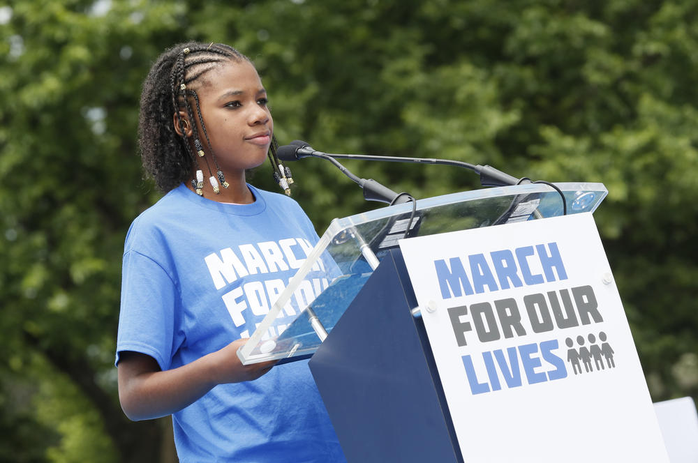 Yolanda King speaks during March for Our Lives 2022. Yolanda King is the granddaughter of Martin Luther King Jr., and a young activist against gun violence. Yolanda has used her experience having lost her grandfather and great-grandmother to gun violence to advocate for gun safety legislation.