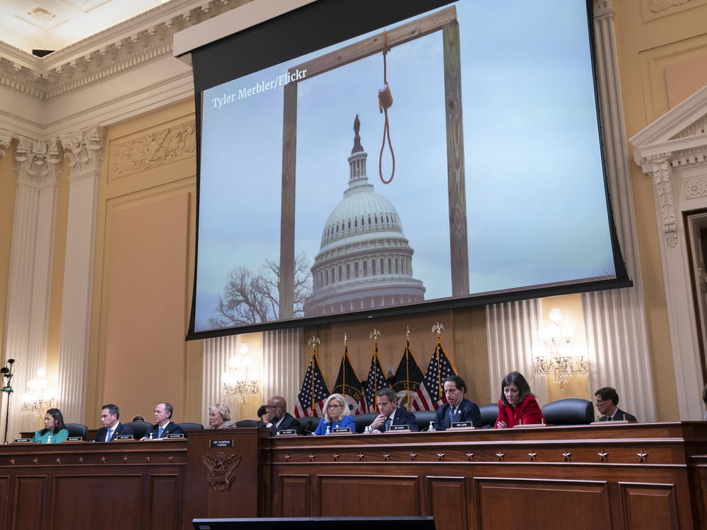 An image of a mock gallows on the grounds of the U.S. Capitol on Jan. 6, 2021, is shown at a House select committee investigating the Jan. 6 attack on the U.S. Capitol hearing.
