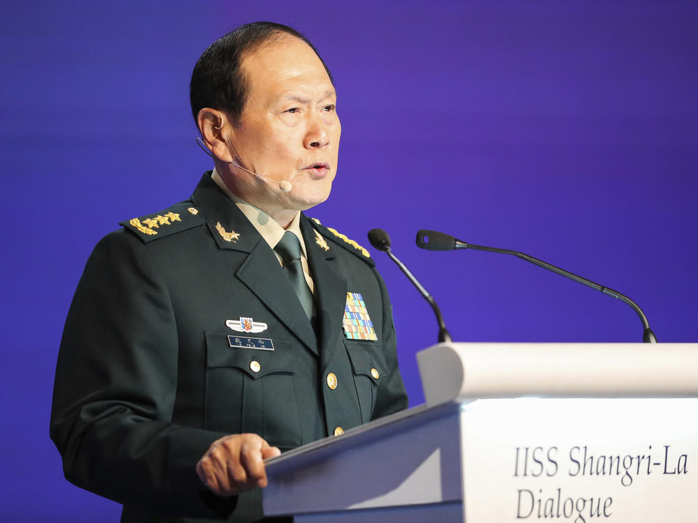 China's Defense Minister General Wei Fenghe speaks at a plenary session during the 19th International Institute for Strategic Studies (IISS) Shangri-la Dialogue, Asia's annual defense and security forum, in Singapore, Sunday, June 12, 2022.