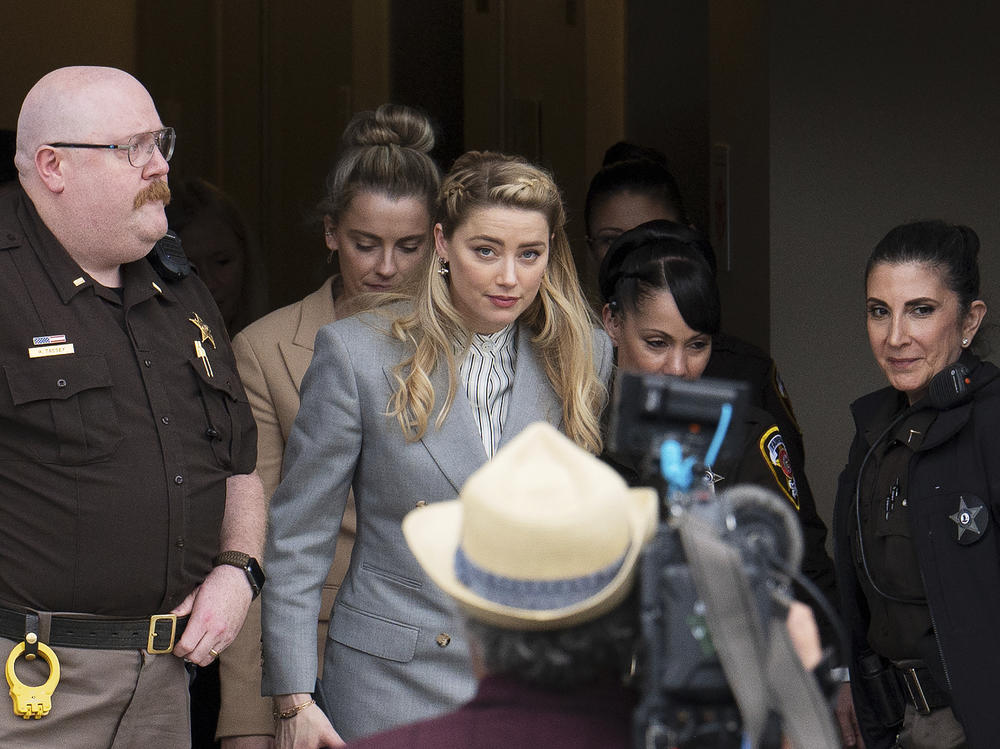 Actress Amber Heard departs Fairfax County Courthouse after closing arguments on May 27, 2022 in Fairfax, Va.