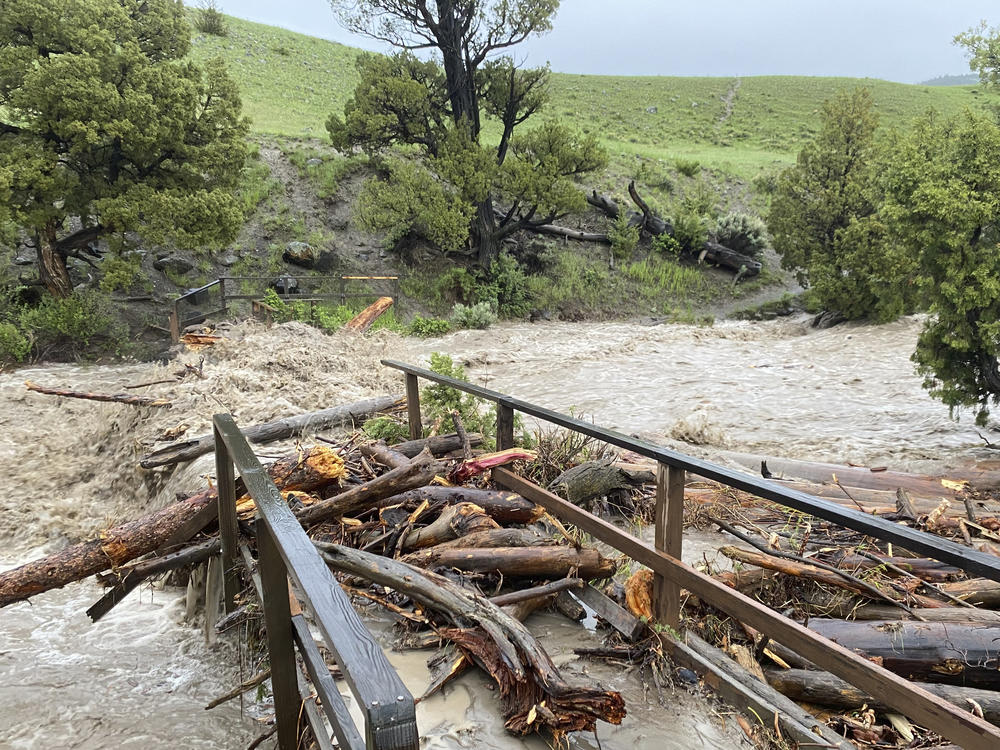 Flooding washed out a bridge at Rescue Creek in Yellowstone National Park in Montana on Monday.