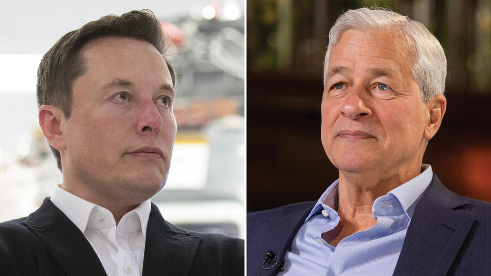 (L) Elon Musk, CEO of Tesla; (R) Jamie Dimon, CEO of JPMorgan Chase & Co. Both top executives have recently expressed concern about the economy as the Fed continues its fight against inflation.