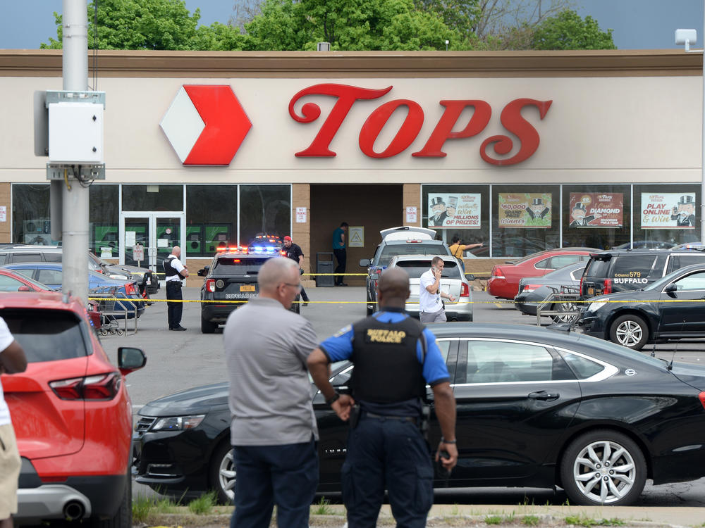 Buffalo Police on scene at the Tops Friendly Market on May 14 in Buffalo after a gunman opened fire.