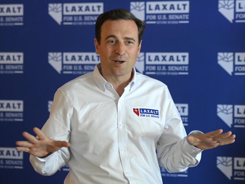 Nevada Republican U.S. Senate candidate Adam Laxalt speaks during a campaign event on Saturday in Logandale, Nev.