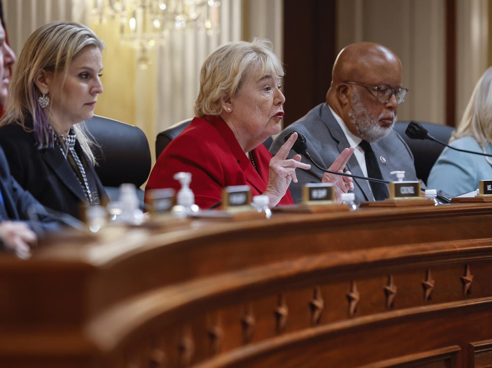 Rep. Zoe Lofgren, D-Calif., delivers remarks on Monday during a hearing by the House committee investigating the Jan. 6 attack.