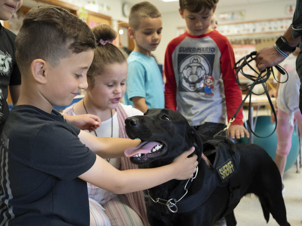 Freetown Elementary School students Mason Santos, left, and Mila Talbot, right, pet Hunter the dog after she finishes checking a classroom.