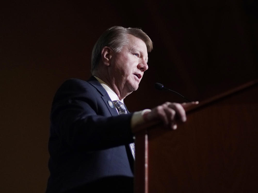 Jim Marchant speaks at a Republican election night watch party on Nov. 3, 2020, in Las Vegas.