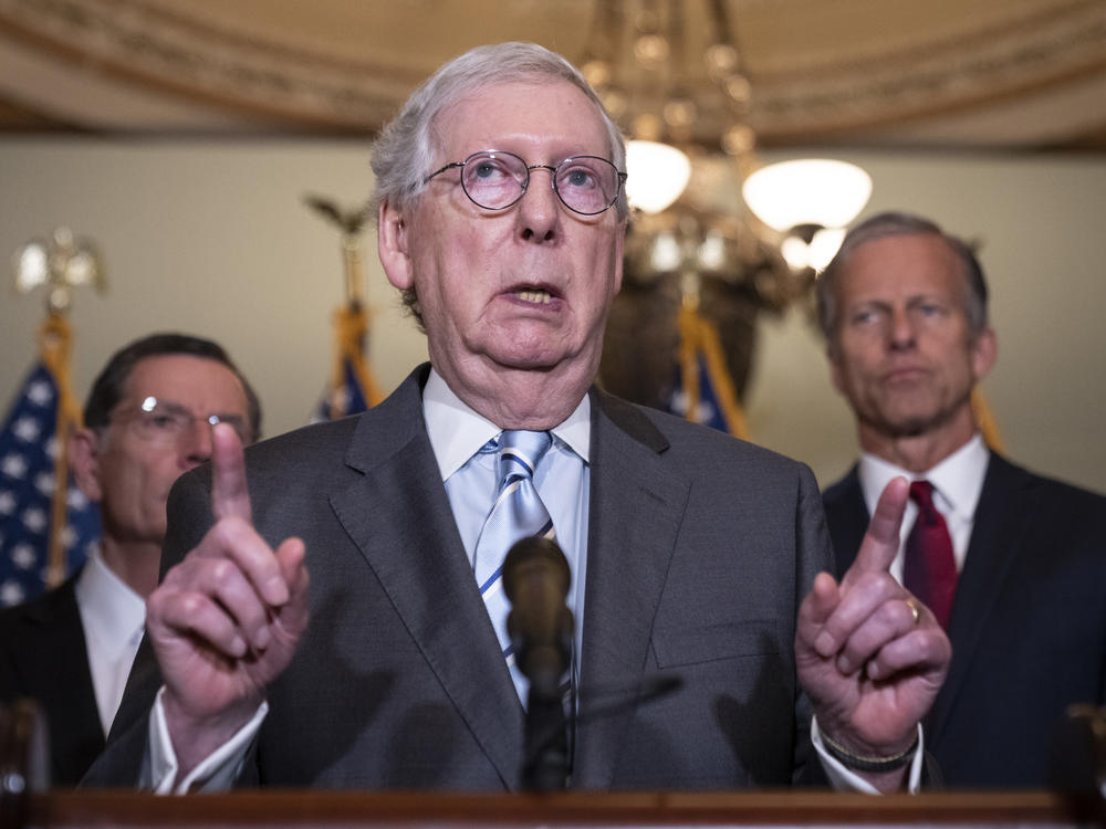 Senate Minority Leader Mitch McConnell, seen here speaking during a news conference after a Senate Republican lunch meeting on June 7, 2022, said he will support a gun bill in the Senate if it sticks to the proposed framework announced over the weekend.