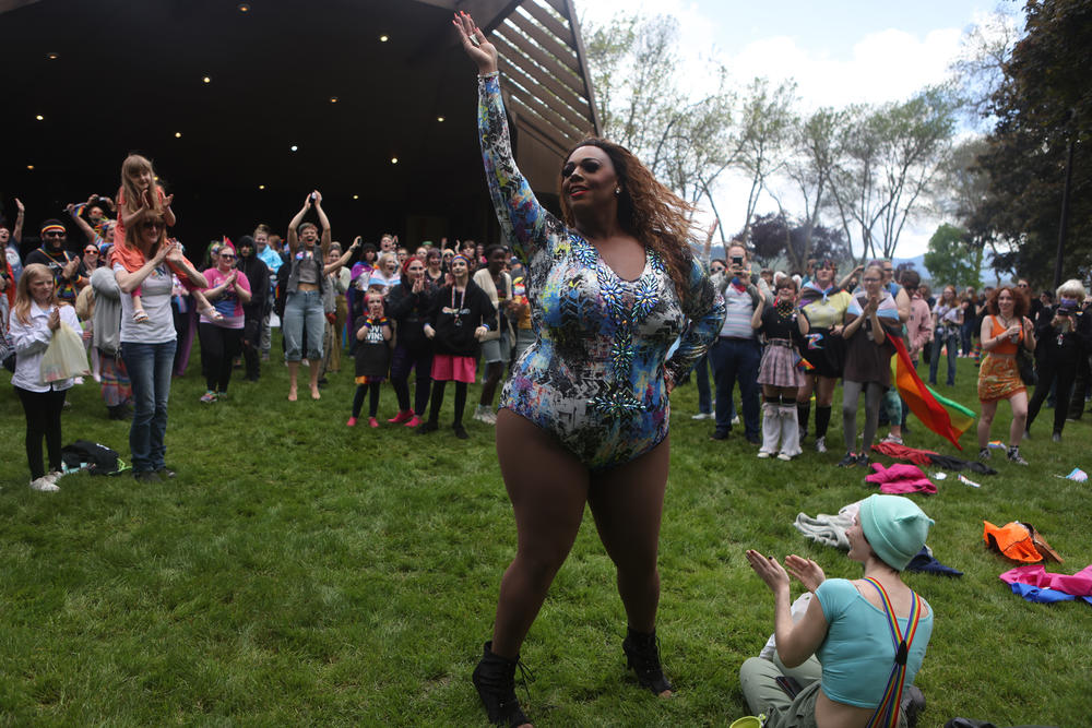 Beyoncé Black St. James performs at the LGBTQ community's Pride in the Park event in Coeur d'Alene, Idaho, on Saturday. Organizers of Pride events say they're now paying extra attention to safety.