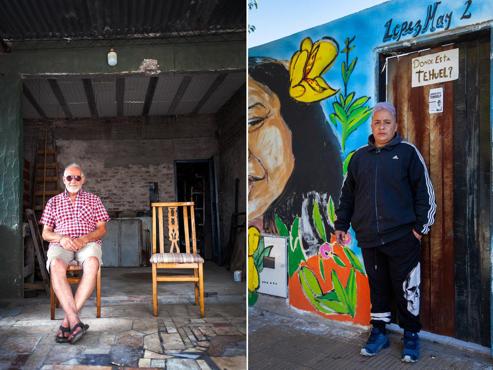 <strong>Left</strong>: Andrés de la Torre, father of Tehuel de la Torre. Tehuel is a young trans man who disappeared in March of 2021. <strong>Right:</strong> Say Sacayán, a transgender rights activist, standing in front of a sign that reads 