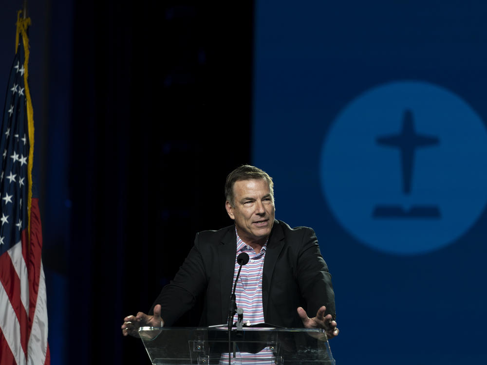 Bruce Frank, chairman of the Southern Baptist Convention's sexual abuse task force, speaks during its annual meeting in Anaheim, Calif., Tuesday, June 14, 2022.