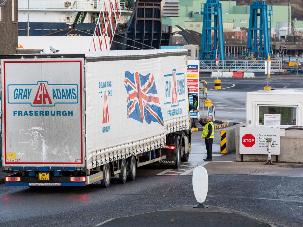A truck arrives at Larne port in County Antrim, where a customs post has been established as part of the Northern Ireland Protocol, on November 29, 2021.