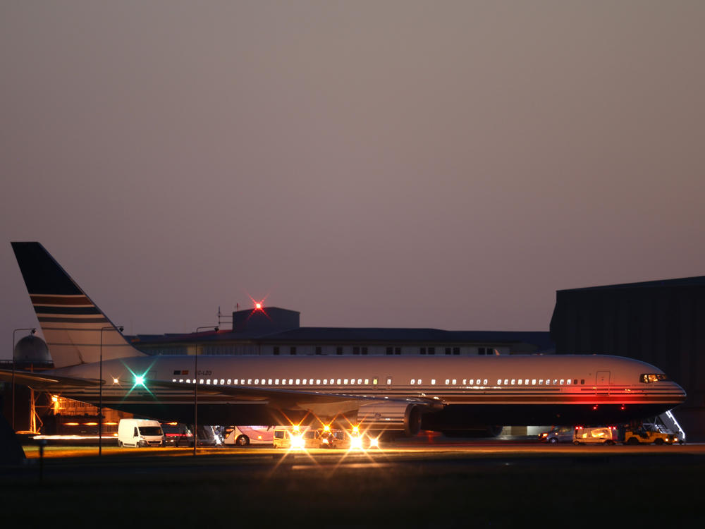 The grounded Rwanda deportation flight EC-LZO Boeing 767 at Boscombe Down Air Base, on June 14, 2022 in Boscombe Down.