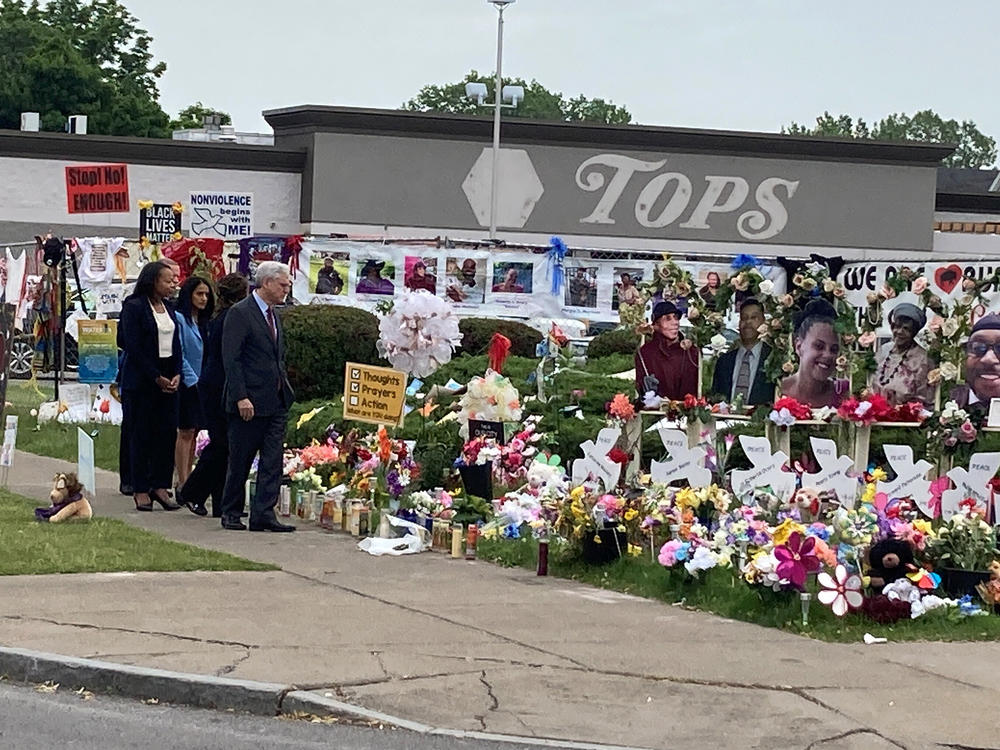 Attorney General Merrick Garland. visits the Tops Friendly Market grocery store in Buffalo, N.Y., on Wednesday, June 15, 2022, the site of a May mass shooting in which 10 Black people were killed.