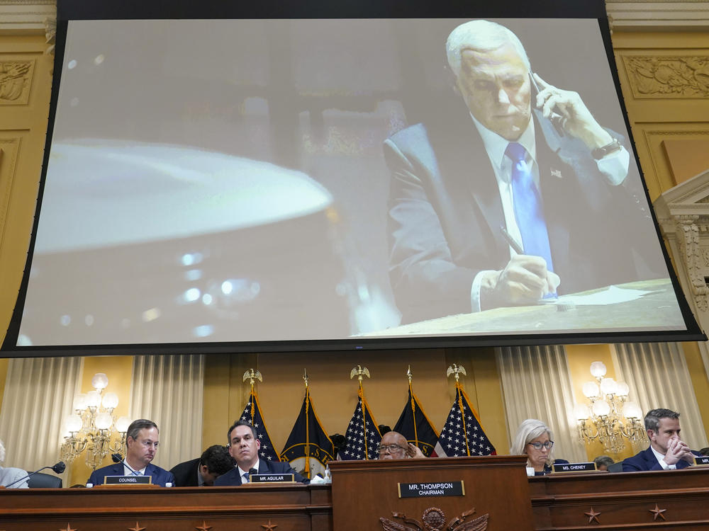 A committee exhibit shows former Vice President Mike Pence talking on the phone from his secure location during the riot, as the House select committee investigating the Jan. 6, 2021, attack on the Capitol holds a hearing on Thursday.