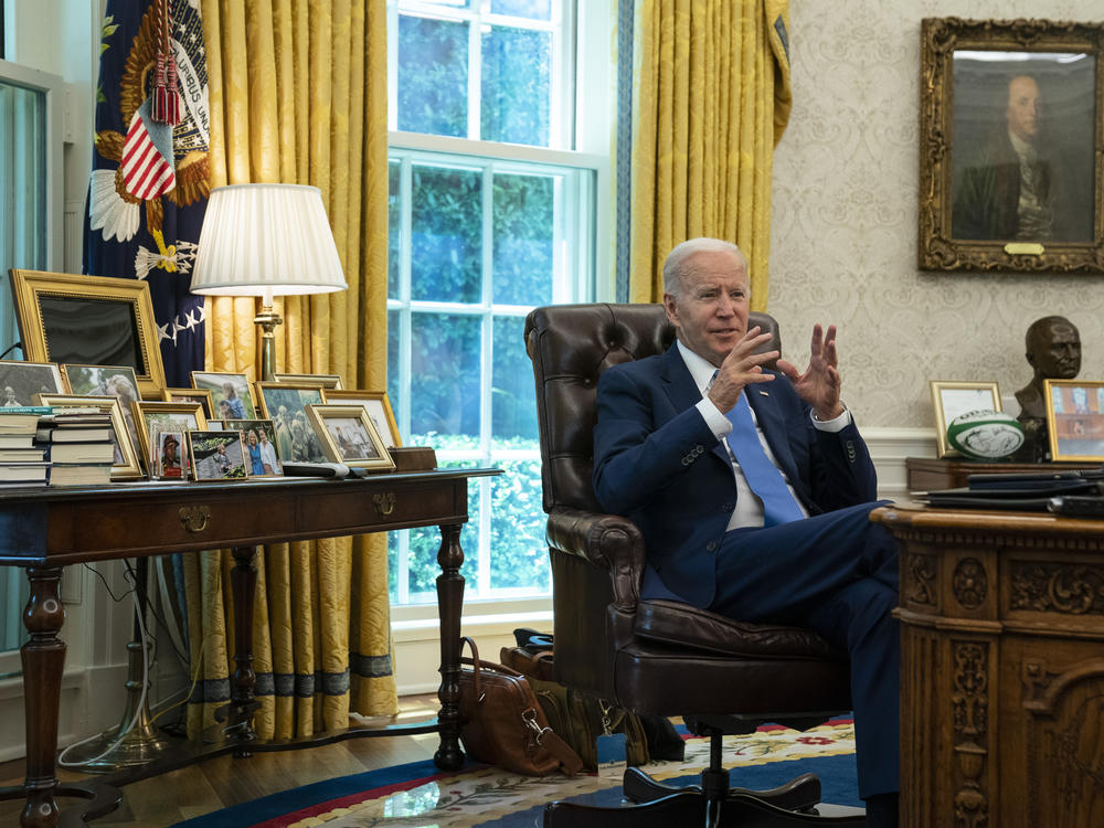 President Joe Biden speaks during an interview with The Associated Press in the Oval Office of the White House on Thursday, June 16, 2022.