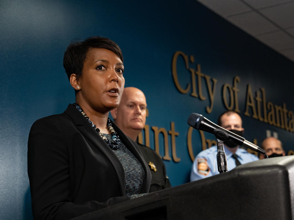 Then-Mayor Keisha Lance Bottoms speaks at a press conference on March 17, 2021, in Atlanta, Ga.