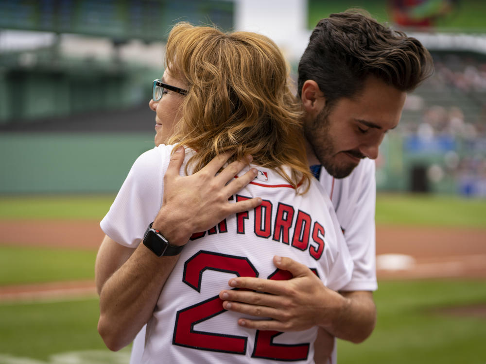 Giffords was joined at Fenway Park by David Hogg, a gun violence prevention activist and survivor of the Marjory Stoneman Douglas High School mass shooting.
