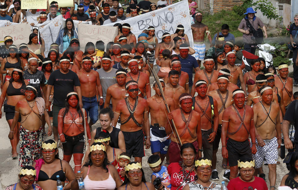 Indigenous people march to protest against the disappearance of Indigenous expert Bruno Pereira and freelance British journalist Dom Phillips, in Atalaia do Norte, Vale do Javari, Amazonas state, Brazil, Monday.