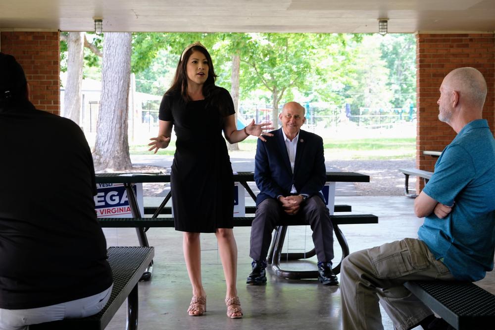 Yesli Vega, a sheriff's deputy running for the GOP nomination in Virginia's 7th Congressional District, speaks at a recent event alongside Texas Rep. Louie Gohmert.