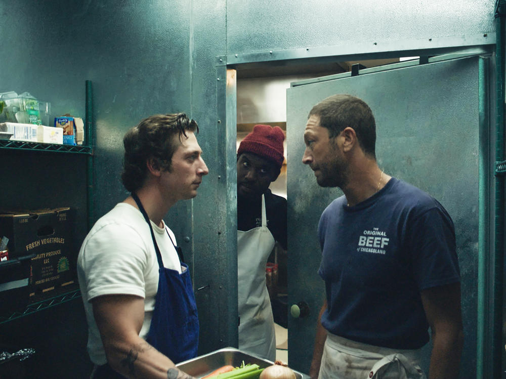 Jeremy Allen White as Carmen 'Carmy' Berzatto, Lionel Boyce as Marcus, and Ebon Moss-Bachrach as Richie.