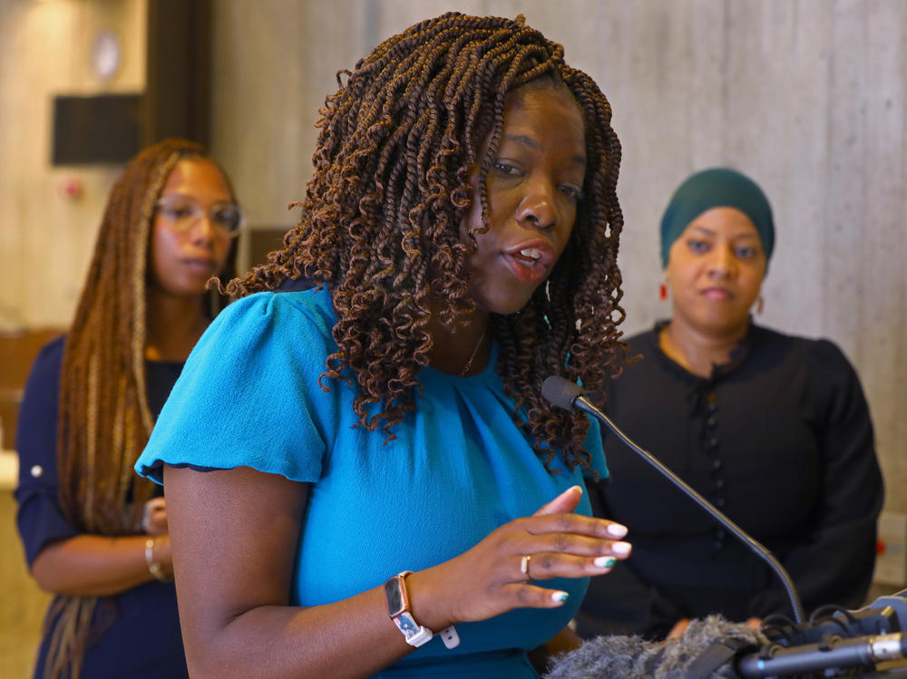 At a news conference outside the Christopher A. Iannella Chamber, Boston City Councilor Ruthzee Louijeune urges the council on June 15, 2022 to pass the resolution that the City apologize for Boston's role in the transatlantic slave trade.