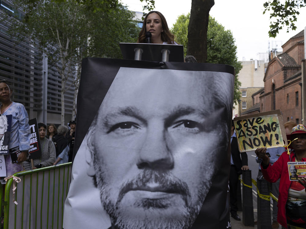 Stella Assange, wife of WikiLeaks founder Julian Assange, speaks in front of the U.K. Home Office in London as protesters demand Julian Assange's release on May 17. Home Secretary Priti Patel signed the extradition order on Friday.