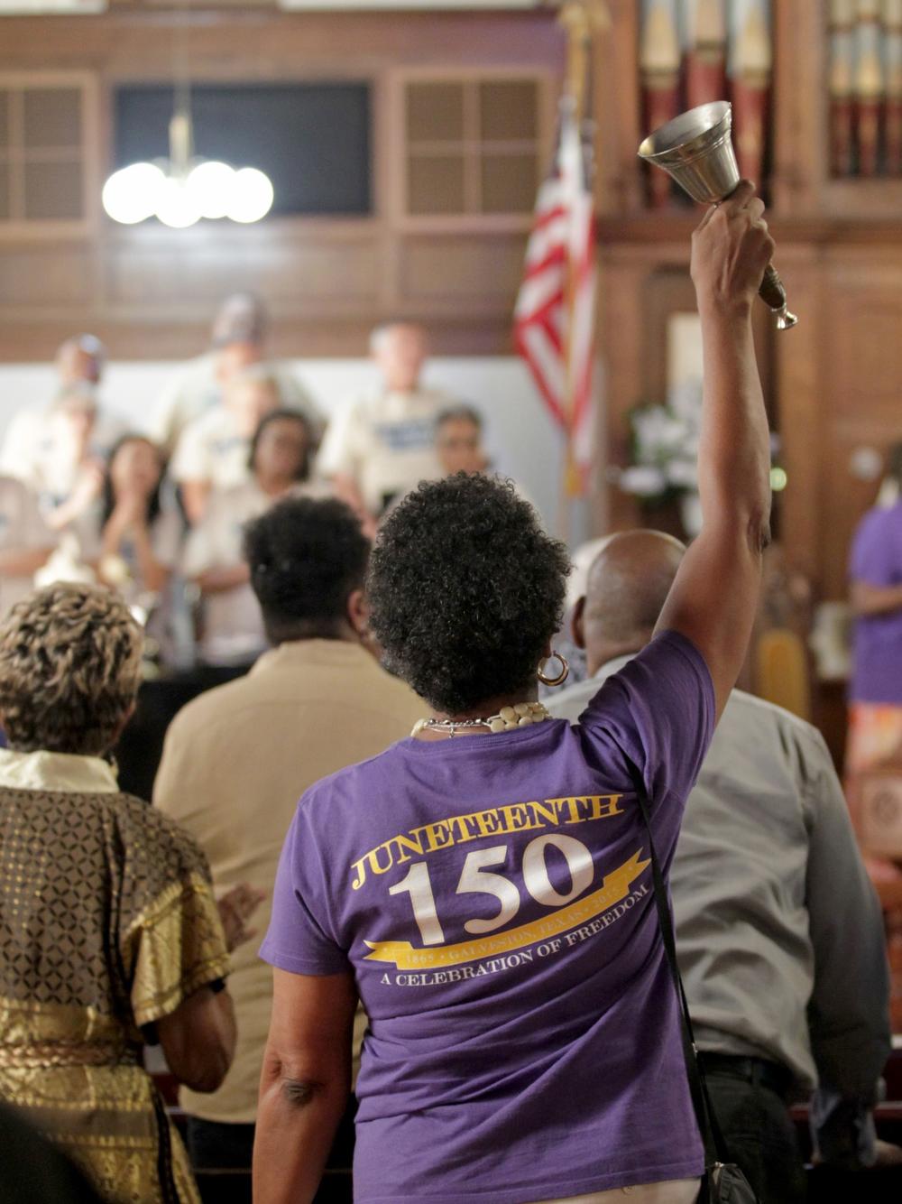 Congregants celebrate Juneteenth at Reedy Chapel African Methodist Episcopal Church in Galveston, Texas, on Sunday, June 19, 2016, following the annual march from the Old Galveston County Courthouse.