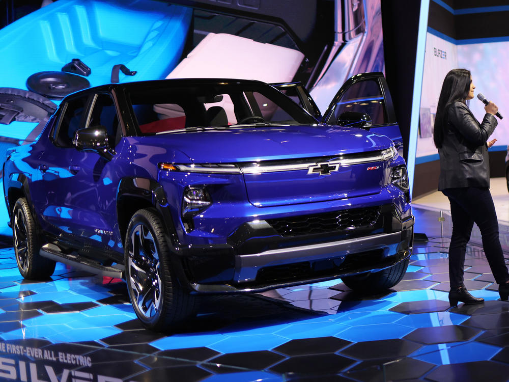 An All-Electric Silverado is displayed at the New York International Auto Show in New York City on April 15. Legacy automakers are electrifying some of their most popular models.