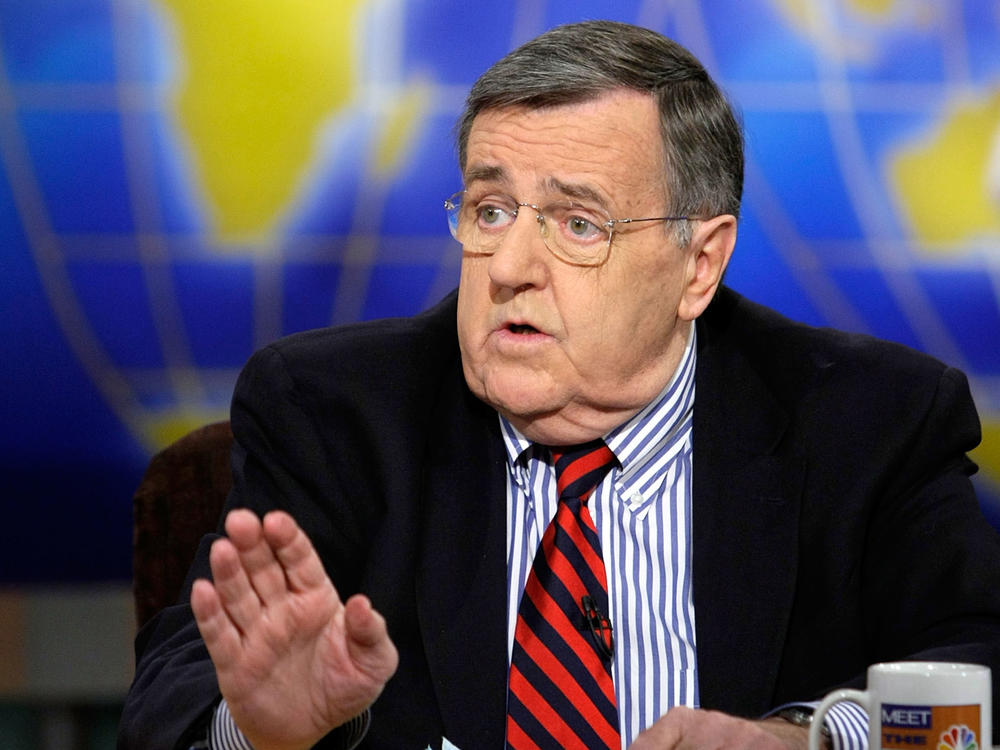 Mark Shields speaks during a taping of NBC's <em>Meet the Press</em> on Feb. 17, 2008, in Washington, D.C. The longtime PBS NewsHour commentator has died at age 85.