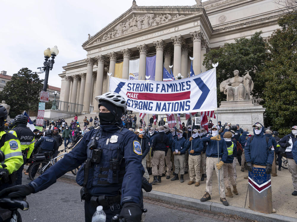 Members of the white supremacist group Patriot Front were seen marching near the National Archives in Washington, D.C., in January.